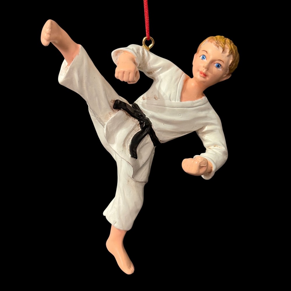 Karate Boy Martial Arts Christmas Ornament White Gi Black Belt High Kick 4.25in